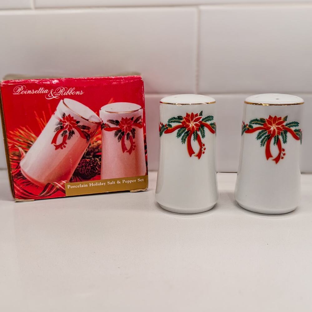Vintage 1980s Poinsettia and Ribbons Holiday Salt & Pepper Shakers, Original Box
